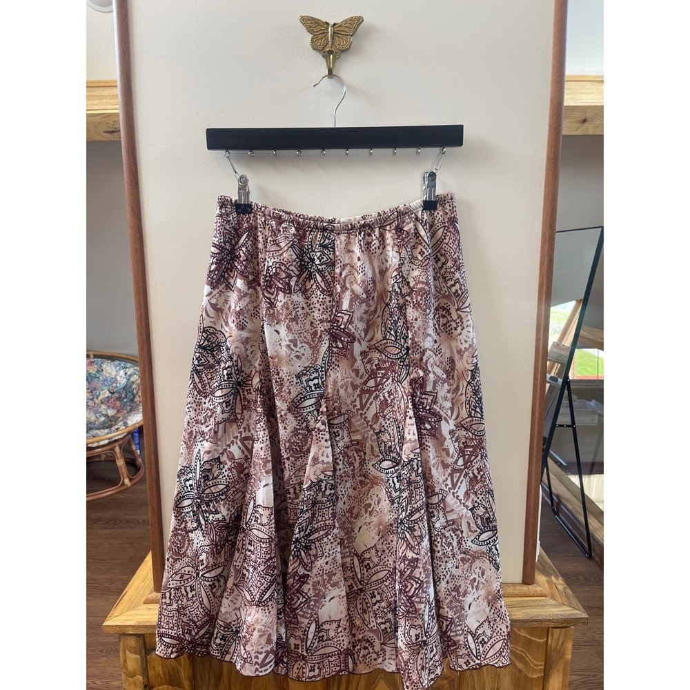 B. Moss Midi Skirt Womens L Brown Floral Paisley Elastic Waist A-Line Size 16